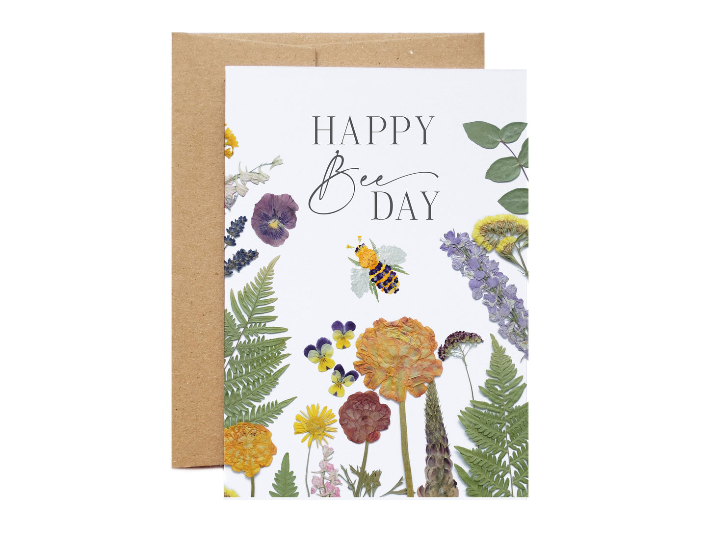 Happy BEE Day birthday card with cute floral bee and garden of flowers