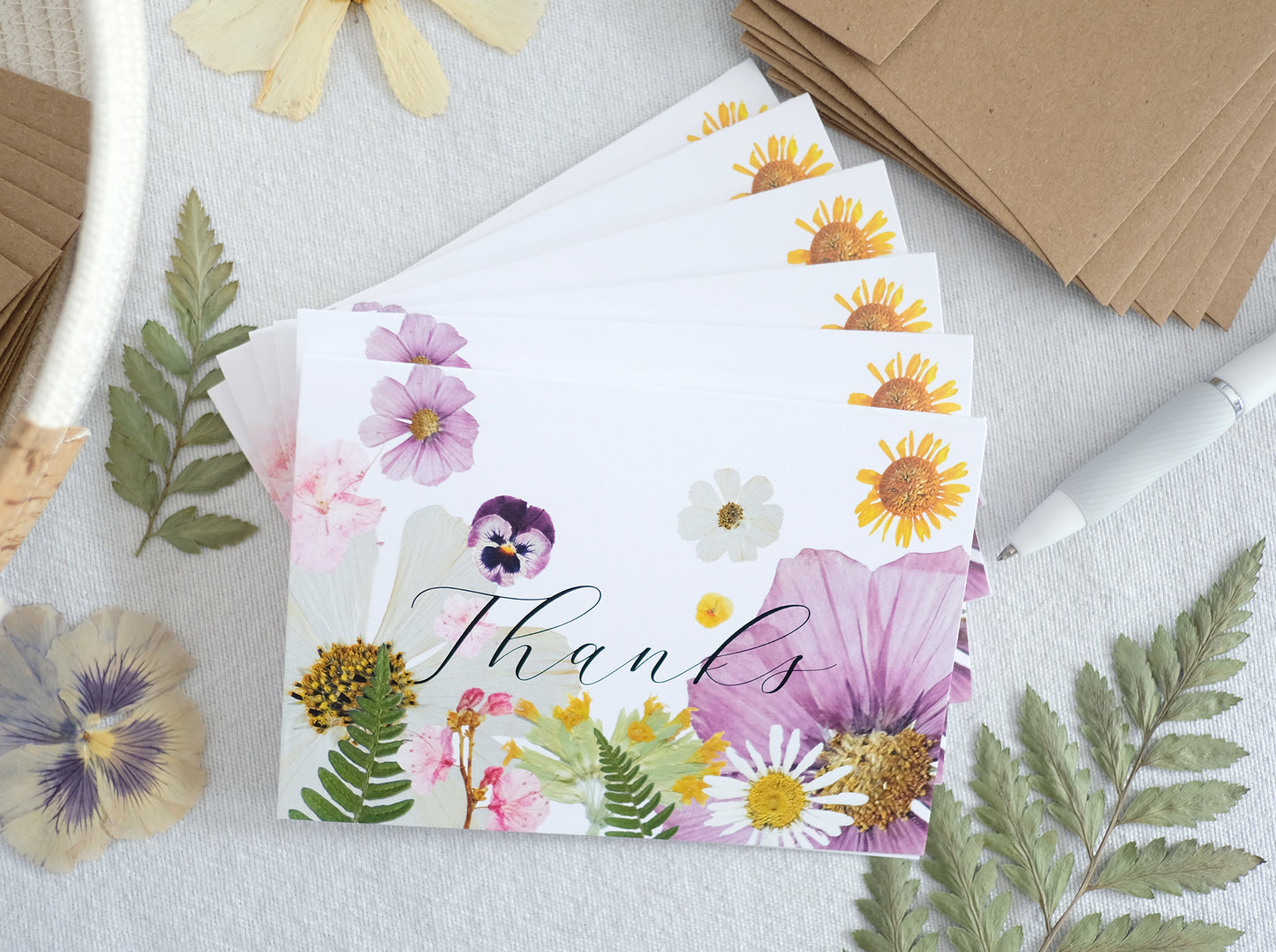 Thanks, Colourful Pressed Flower, Note Cards